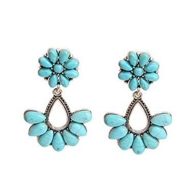 Imagem de Brincos de gota de flor oval geométrico boêmio turquesa para mulheres e meninas, joia boêmia, Turquesa Cristal Pedra, Turquesa