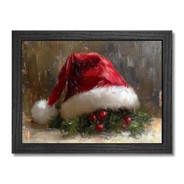Imagem de JiazuGo Arte de parede de Natal, chapéu de Papai Noel vermelho impressão arte vintage tela de Papai Noel decoração de parede cena de inverno pintura de árvore de Natal ou casa 30,5 x 40,6 cm (moldura