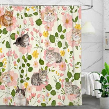 Imagem de BATRUG Cortina de chuveiro de gato, lindo gato engraçado boho aquarela floral planta verde cortinas de folhas verdes, conjunto de cortina de chuveiro de pano de tecido de flores silvestres bege casa