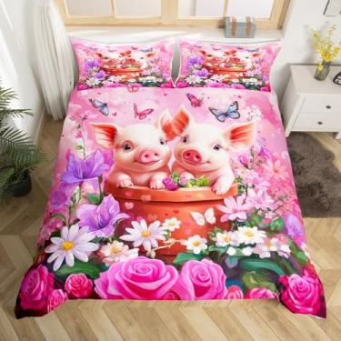 Imagem de Conjunto de capa de edredom casal de porco fofo, conjunto de cama romântico de rosas margaridas floral, decoração de quarto de meninas e mulheres, capa de edredom rústica de desenho animado, capa de