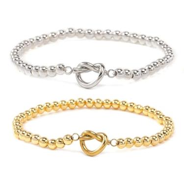 Imagem de Pulseira elástica delicada para casais com nó de amor para mulheres e homens, banhado a prata/dourado, contas minimalistas, berloques de corrente empilháveis, pulseiras de corrente de amizade
