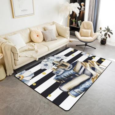 Imagem de Erosebridal Tapete de área da moda 1,80 m x 1,28 m para meninas adolescentes mulheres preto branco listrado decorativo lavável azul dourado floral e livro pintura a óleo tapete moderno perfume salto