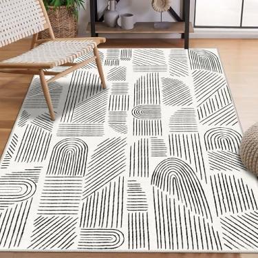 Imagem de MUJOO Tapete lavável 7,5 x 12,5 cm, moderno, abstrato, antiderrapante, antiderrapante, tapete branco e preto para sala de estar, quarto, entrada