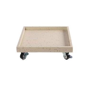 Imagem de KEG801302 Bandeja de gotejamento de vaso de flores de imitação de granito móvel com rodas, prato quadrado de resina sintética para plantas em vasos (bege, pequeno)