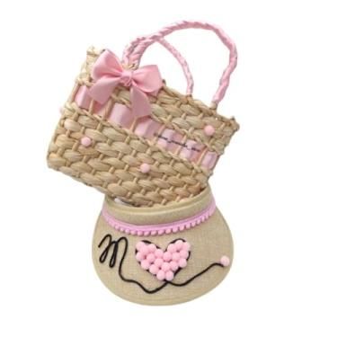 Imagem de Kit Praia Infantil Menina com Bolsa de Palha e Viseira | Acessório Verão | Estilo e Proteção Solar/Personalização da inicial do nome