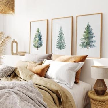 Imagem de 3 peças de arte de parede, pôster de aquarela de Natal, imagens de árvores perenes, pinheiros, pintura de parede em tela para casa, quarto, decoração de Natal com moldura interna