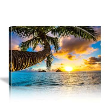 Imagem de Kpasnd Arte de parede de praia do pôr do sol, decoração de parede de palmeira tropical, fotos de praia costeira, pintura em tela de paisagem do oceano para decoração de sala de estar