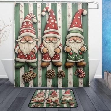 Imagem de xigua Gnomos de Natal fofos conjuntos de tapetes de cortina de banho 2 peças, conjunto de tema de banheiro (152 x 182 cm) com cortina de chuveiro e tapete antiderrapante -12 ganchos429