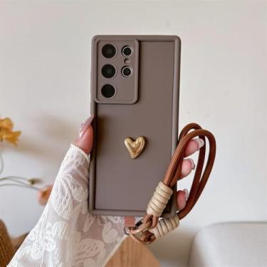 Imagem de Capa de pulso com estampa de coração dourado 3D para Samsung Galaxy S25 Ultra S23 S22 Plus S24 S21 FE Note 20 A56 A55 A36 A35 A26 A16 A15 5G, marrom, para Galaxy S24