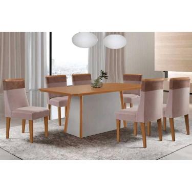 Imagem de Mesa Cozinha Tilia c/ Tampo Madeirado Canto Curvo 180x90cm e 6 Cadeiras Jaspe Madeira Maciça Naturale/Off White - Capuccino/Linho Capuccino-Rufato