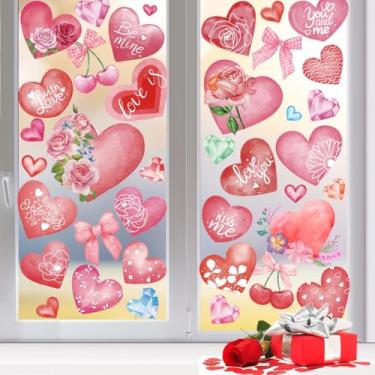 Imagem de 61 adesivos de janela Be Mine Kiss Me Love You, adesivos grandes de coração de dia dos namorados com decalques de rosa e diamante, decoração de parede de porta de vidro para casais, suprimentos de
