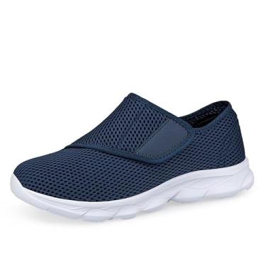 Imagem de Tênis feminino de ajuste largo com alça ajustável, sem cadarço, leve, malha respirável, masculino, para caminhada inchado, pés largos, azul, Azul, 38