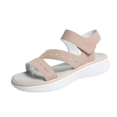 Imagem de Sandálias rasteiras femininas com faixa elástica de bico redondo e sola macia para uso respirável primavera verão, Caqui, 38