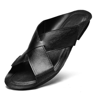 Imagem de Sandálias deslizantes masculinas de couro genuíno com recorte confortável, leve, aberta, bico redondo, antiderrapante, antiderrapante, macia, sandálias de verão, casual, caminhada, praia, pescador