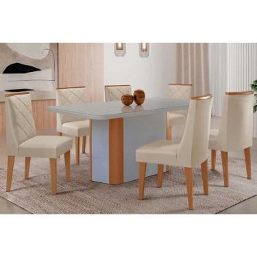 Imagem de Conjunto: Mesa Sala Jantar Pietá Curvo 180cm + 6 Cadeiras Pietá Madeira Naturale/Off White - Capuccino/Suede Creme - Rufato