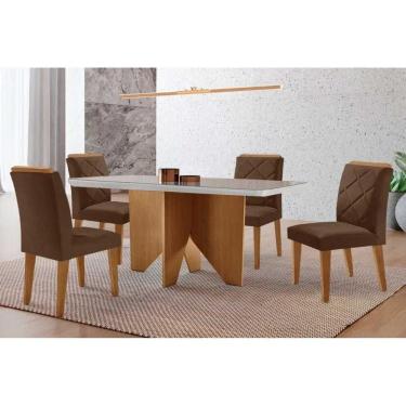 Imagem de Conjunto: Mesa Sala Jantar Nevada c/ Tampo Madeirado c/ Vidro Canto Curvo 120x80cm e 4 Cadeiras Pietá Naturale/Off White - Suede Marrom - Rufato