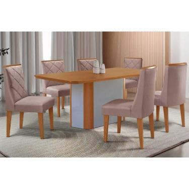 Imagem de Conjunto: Mesa Sala Jantar Pietá c/ Tampo Madeirado Canto Curvo 180x90cm e 6 Cadeiras Pietá Naturale/Off White - Linho Capuccino - Rufato