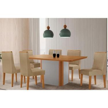 Imagem de Conjunto: Mesa Sala Jantar Pietá Tampo Curvo 180cm+6 Cadeiras Dakota Madeira Naturale/Off White - Capuccino/Linho Bege - Rufato