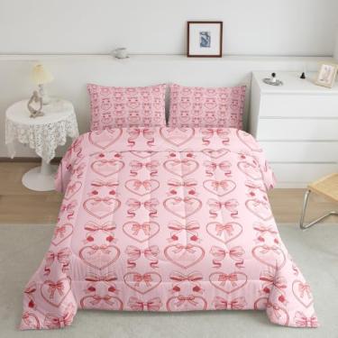 Imagem de Feelyou Conjunto de edredom com laço rosa para todas as estações, princesa, sonhadora, com 1 fronha, laço fofo de microfibra, roupa de cama de solteiro, coração, para decoração de quarto, edredom