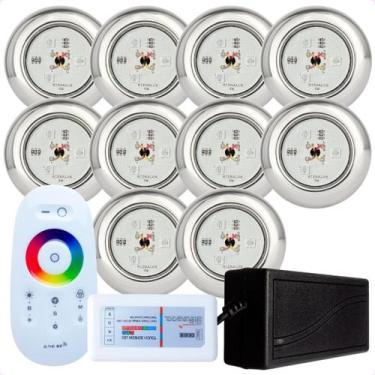 Imagem de Kit 10 Refletores Led 9w RGB Inox S e Comando para Iluminação Piscina 