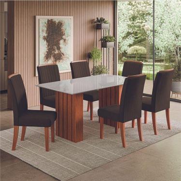 Imagem de Conjunto De Mesa Sala De Jantar Ripada Tampo Com Vidro Santiago 1,60m 6 Cadeiras Grécia Dobuê Madeirado Chocolate
