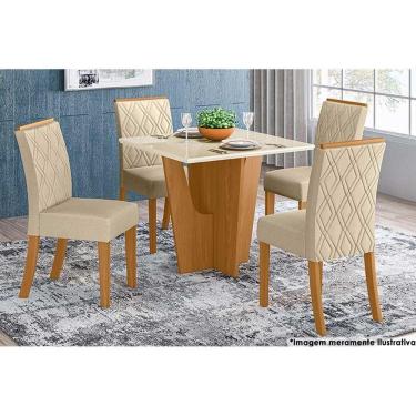 Imagem de Sala de Jantar Completa Vértice Tampo Reto Madeirado c/Vidro 90x90cm e 4 Cadeiras Vita Nature/Veludo Light Linho - Henn