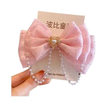 Imagem de Presilha De Cabelo Rosa Pérola Bico De Pato Para Meninas, Laço 3D De P
