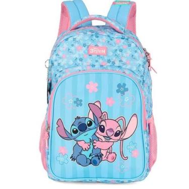 Imagem de Mochila Escolar Juvenil Stitch e Angel com Chaveiro Cor: Rosa - Luxcel