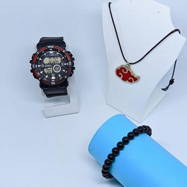 Imagem de Kit Relógio Infantil Militar Esportivo Digital 12/24h Cronômetro Alarme LED + Conjunto Colar ajustável Naruto + Pulseira