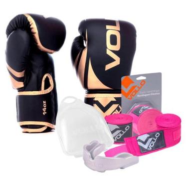 Imagem de Kit Boxe Muay Thai Luva 14Oz Dourado + Protetor Bucal + Bandagem Rosa 