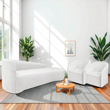 Imagem de Kit Sofá Curvo França 250cm Ld. E 2 Poltronas Luiza Max Conforto, Elegância E Design Moderno Bouclé Branco
