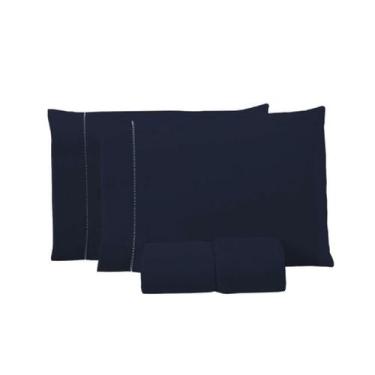 Imagem de Jogo de Lençol Casal 3 Peças Percal 400 Fios Ponto Palito Azul Marinho