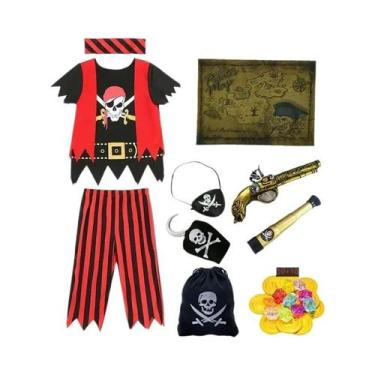 Imagem de Conjunto De Fantasia Infantil Pirata Caveira: Camisa Listrada Estampad