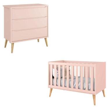 Imagem de Berço Americano E Cômoda Infantil Gaveteiro Theo Rosa Com Pés Madeira 