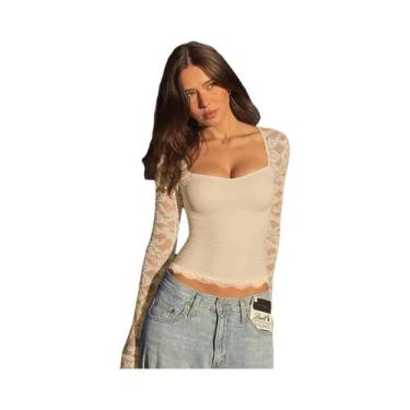 Imagem de Camiseta Feminina De Manga Longa Com Gola Quadrada, Patchwork De Renda