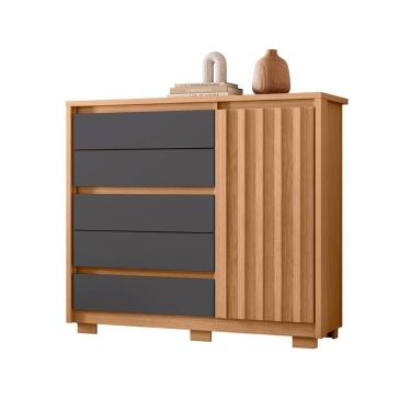 Imagem de Cômoda Sapateira Quarto Duetto 05 Gavetas E 1 Porta Ripada Freijo-titanium