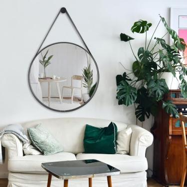 Imagem de Espelho De Banheiro Decorativo Redondo 50cm com Alça De Couro Preto e Suporte de Fixaçã...