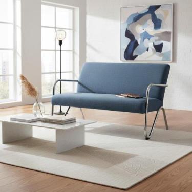 Imagem de Namoradeira Decorativa Bela Linho Azul Marinho Braço Cromado - Mansão 