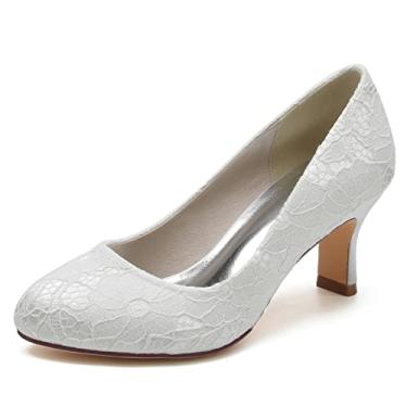 Imagem de Ślubne buty ślubne dla kobiet czółenka Koronkowe buty na wysokim obcasie Okrągłe buty dla druhny 36-43,White,8 UK/41 EU