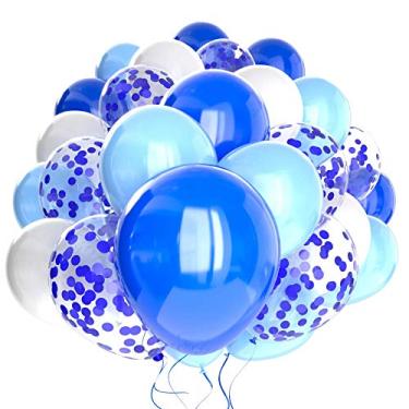 Imagem de Pacote com 60 balões azuis + balões brancos + balões de confete azuis com fita | Balão azul | Globos azules | Balões azul claro | Balões azul bebê | Decorações de festa azul | Balões azuis azuis | Balões azuis | Balões azuis |