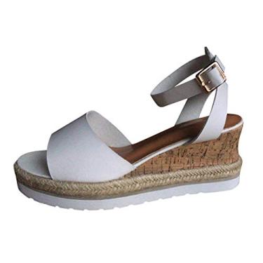 Imagem de Sandálias femininas modernas com bico no tornozelo sapatos anabela femininos sandálias plataforma retrô abertas romanas sandálias femininas, Branco, 5