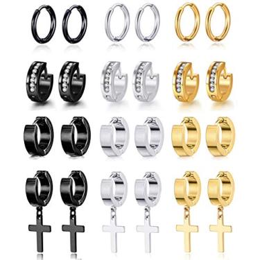 Imagem de Ofeiyaa Conjunto de 12 pares de brincos de argola pequenos de aço inoxidável, brincos de argola com cruz incrustada de zircônia cúbica, brincos articulados para homens e mulheres, tom de prata e ouro preto