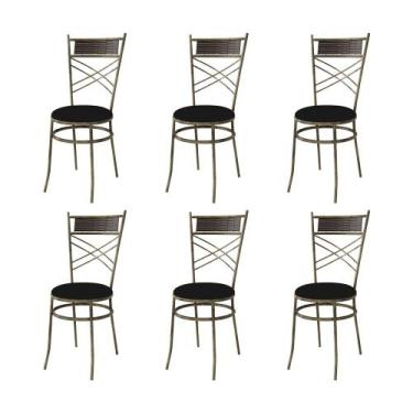 Imagem de Kit 6 Cadeiras De Jantar Estofada Preta Em Aço Ouro Envelhecido Madrid