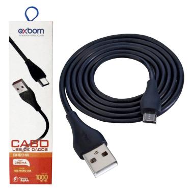 Imagem de Cabo V8 Micro USB 2.4A Turbo com 1 metro Emborrachado para Carregamento e Dados Exbom CBX-U2C14V8 Preto