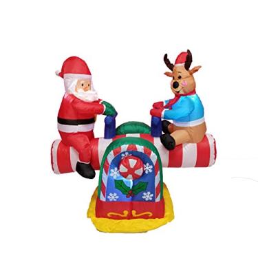 Imagem de Papai Noel e rena infláveis animados de 1,2 m em teeter Totter decoração de quintal ao ar livre