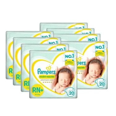 Imagem de Kit 8 Fralda Descartável Pampers Premium Care Recém-Nascido RN+ 160 Tiras
