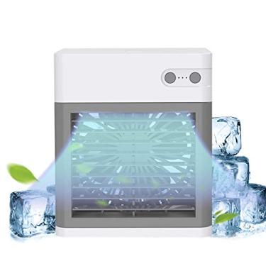 Imagem de Ventilador de resfriamento de ar 3 em 1, mini ventilador de ar condicionado com bateria pode adicionar 250 ml de água e gelo, 2 velocidades, ventilador de mesa USB, 7 cores, ventilador pessoal portátil para escritório em casa, ao ar livre (branco (B))
