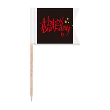 Imagem de Texto de arte em inglês Happy Birthday bandeiras de palito de dente marcando para festa bolo comida prato de queijo