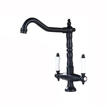 Imagem de LIDON Torneira da pia do banheiro Torneira de água quente e fria Torneira de alça dupla Torneira da pia do banheiro Latão antigo Torneira de cozinha antiga Latão latão torneira da pia de um furo, antigo (cor: preto)