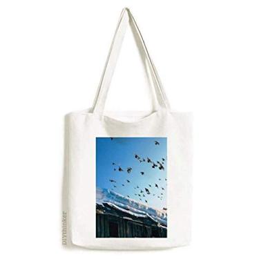 Imagem de Bolsa de lona branca de céu de neve bolsa de compras casual bolsa de compras da Birds House